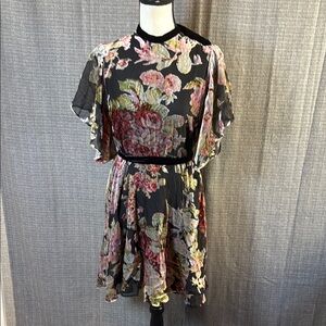 Zara Black and Pink Flutter Sleeve Mock Neck Mini Dress